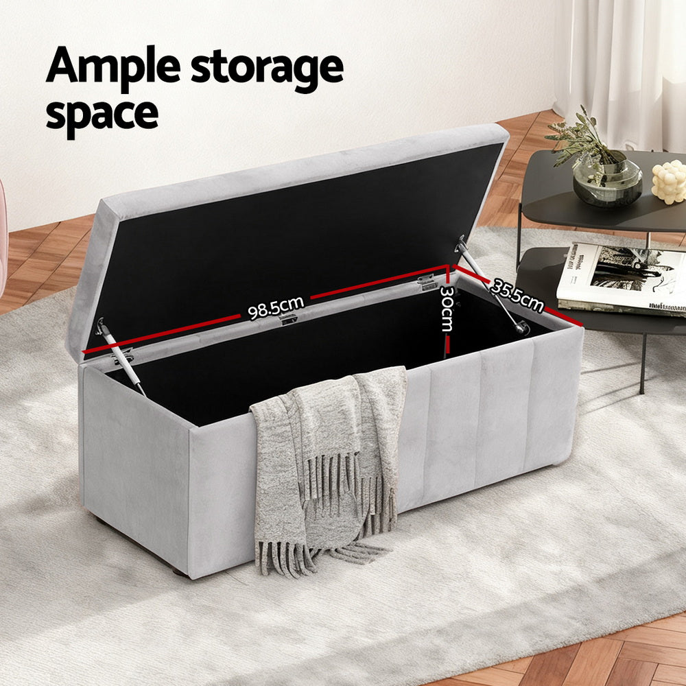 Artiss Storage Ottoman Blanket Box Velvet Grey 103cm - Image 4