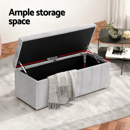 Artiss Storage Ottoman Blanket Box Velvet Grey 103cm - Image 4