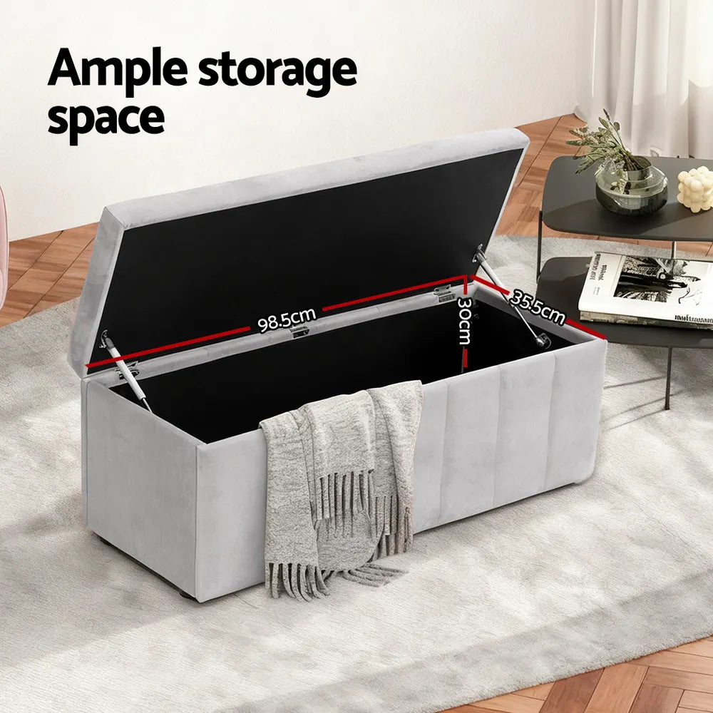 Artiss Storage Ottoman Blanket Box Velvet Grey 103cm - Image 4