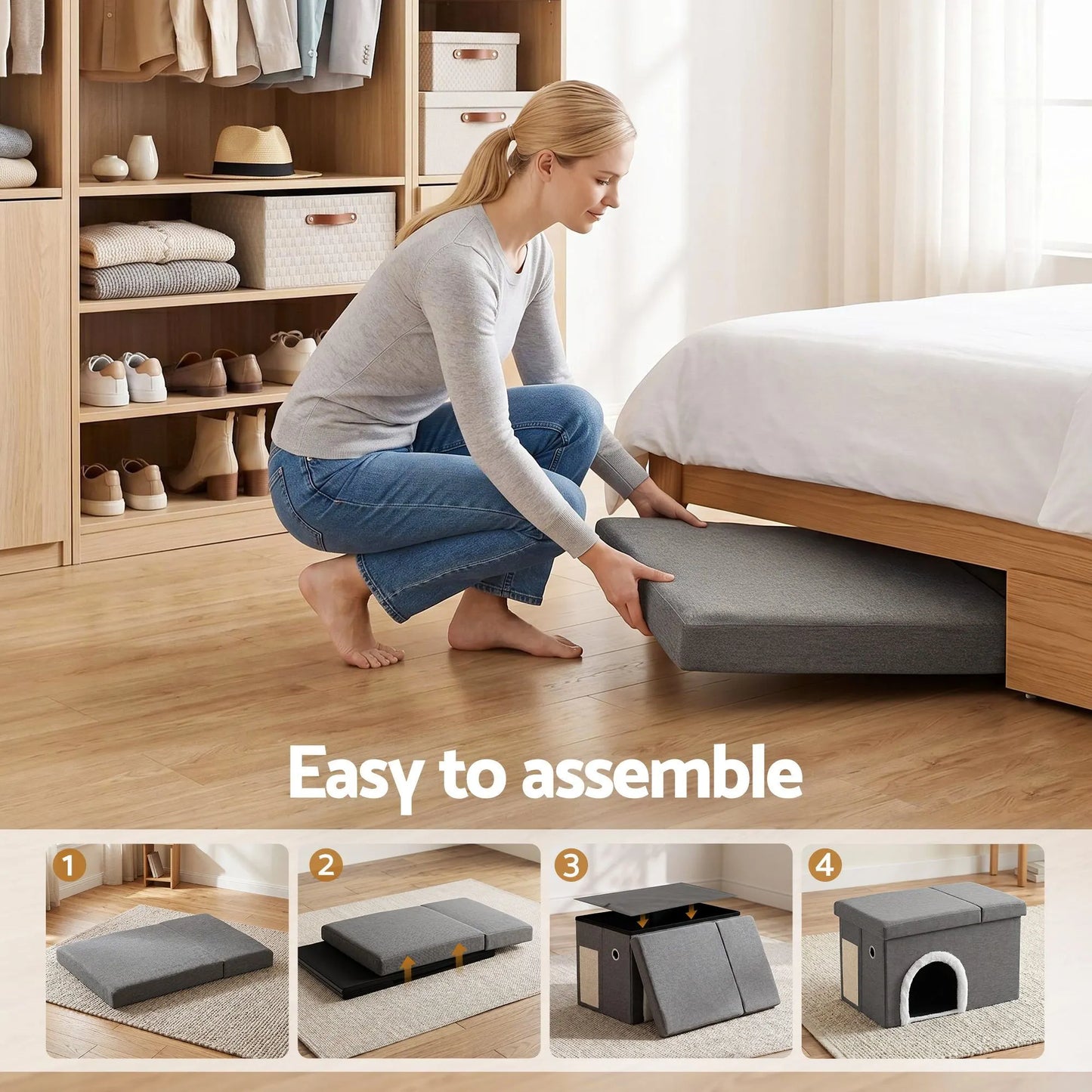 Artiss Storage Ottoman Foot Stool Cat Litter Box Enclosure Foldable Grey - Image 5