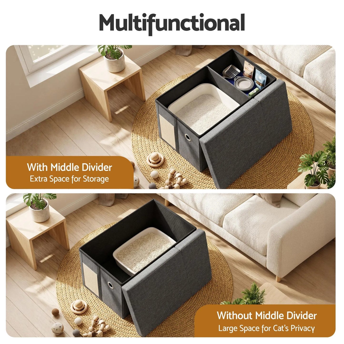 Artiss Storage Ottoman Foot Stool Cat Litter Box Enclosure Foldable Grey - Image 7