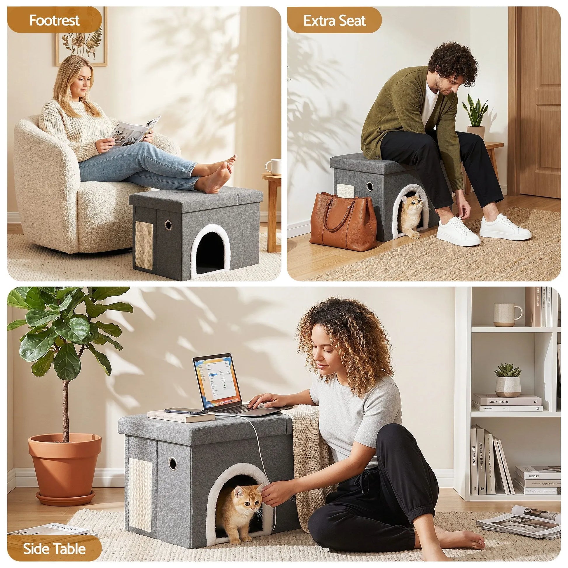 Artiss Storage Ottoman Foot Stool Cat Litter Box Enclosure Foldable Grey - Image 9