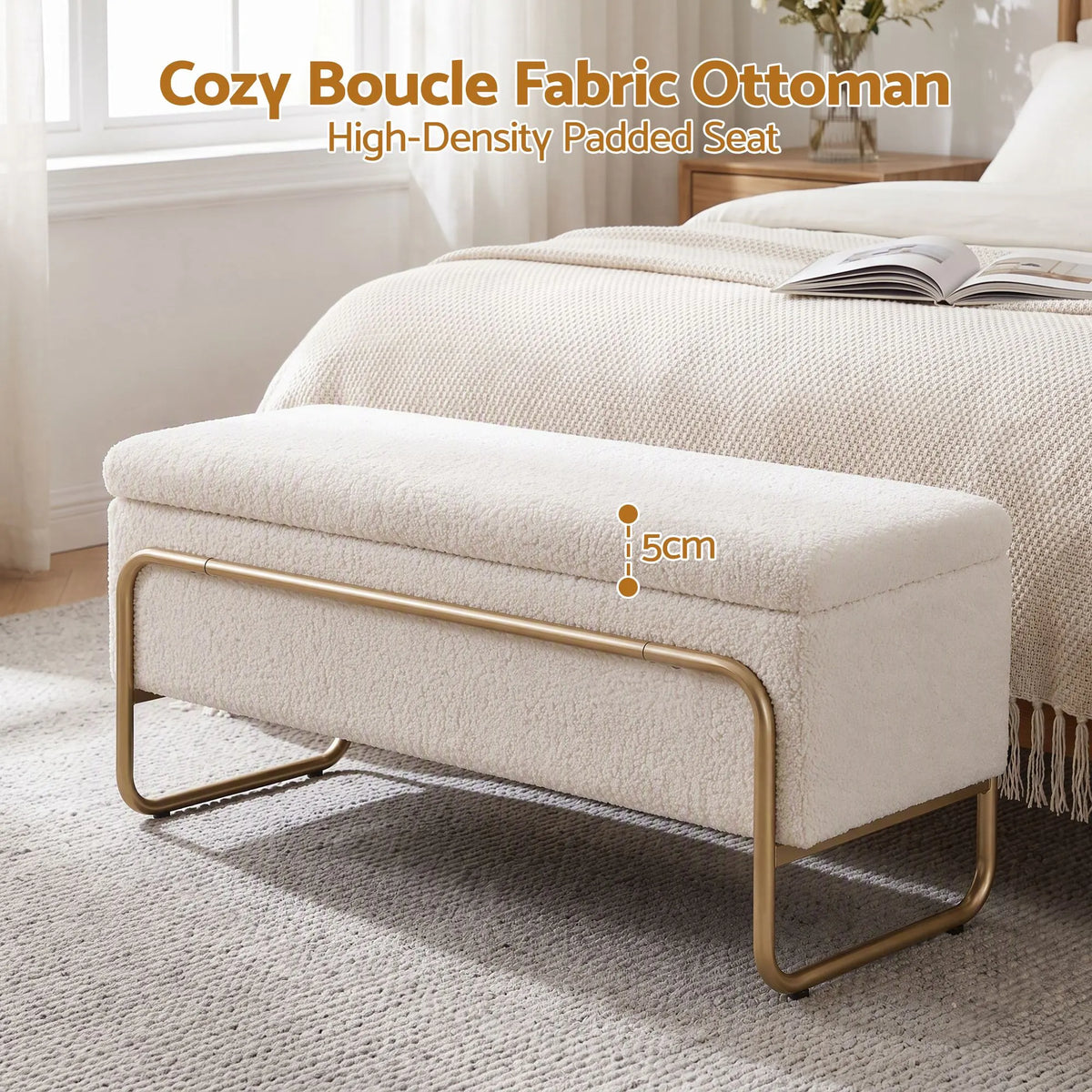Artiss Storage Ottoman Boucle Padded Seat Footrest Hidden Storage Cream White - Image 5