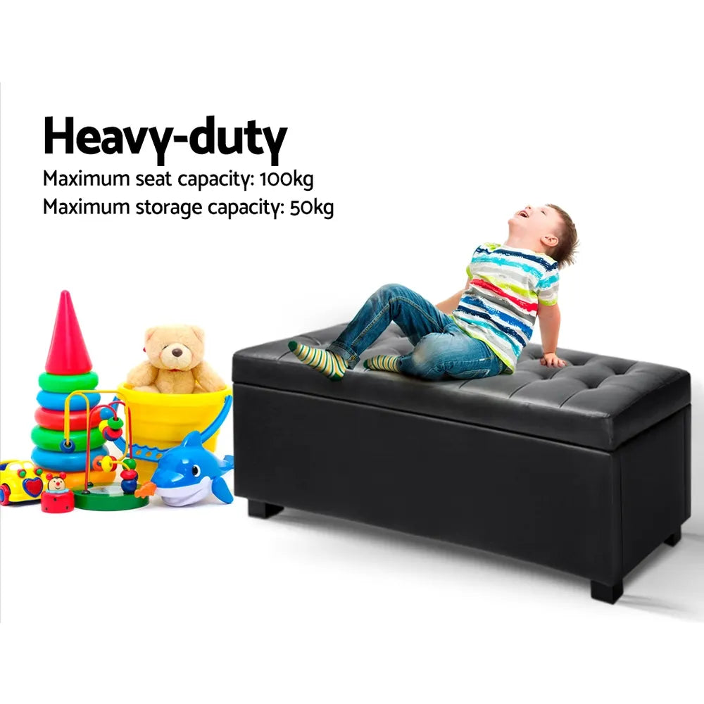 Artiss Storage Ottoman Blanket Box 97cm Leather Black - Image 4
