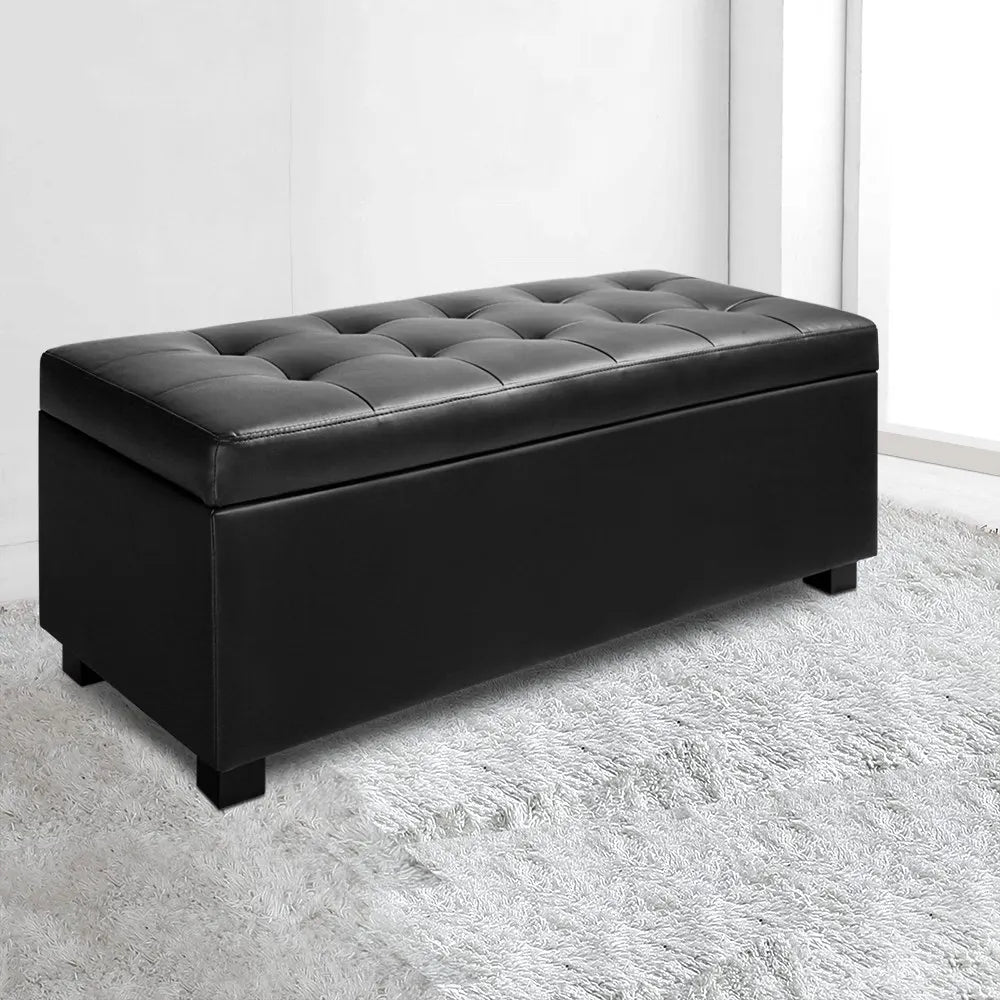 Artiss Storage Ottoman Blanket Box 97cm Leather Black - Image 7