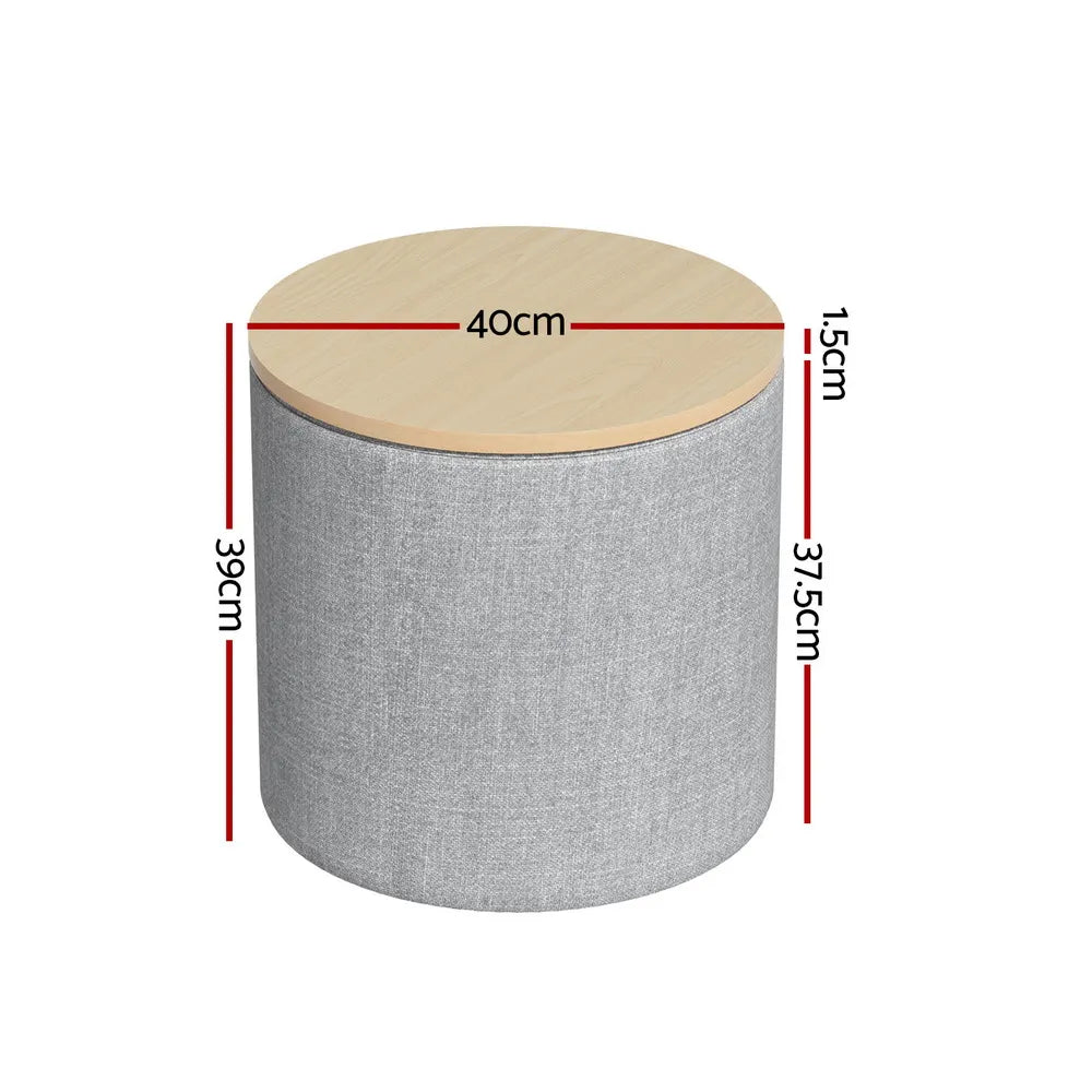 Artiss Storage Ottoman Blanket Box 40cm Linen Round Grey - Image 2
