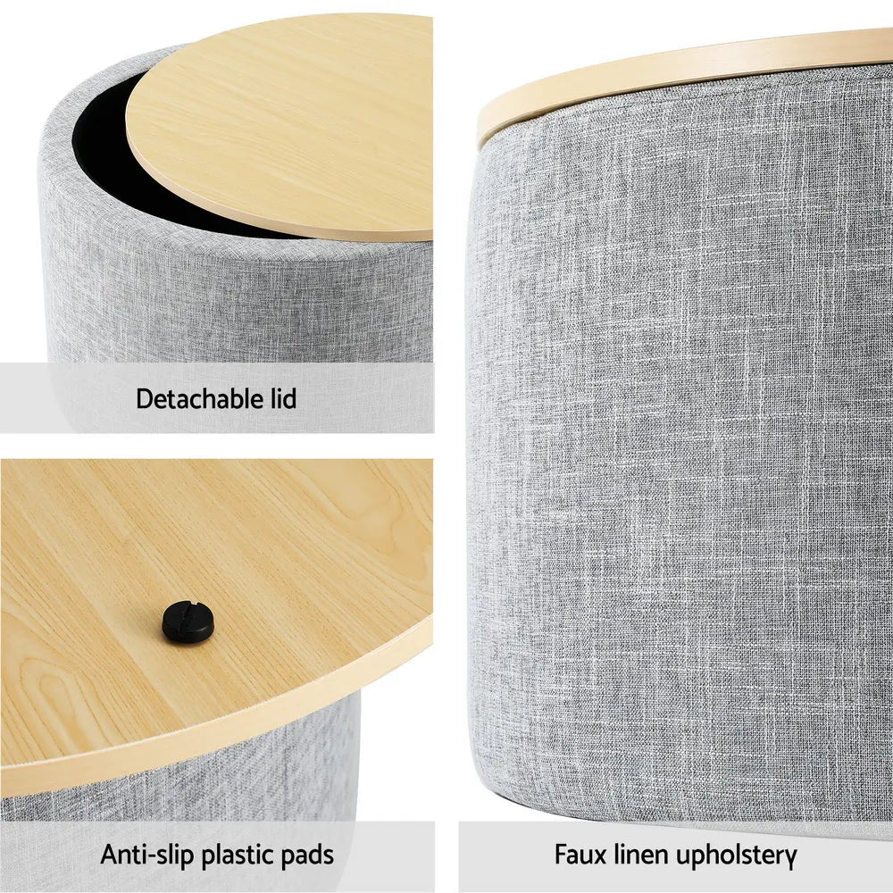 Artiss Storage Ottoman Blanket Box 40cm Linen Round Grey - Image 6
