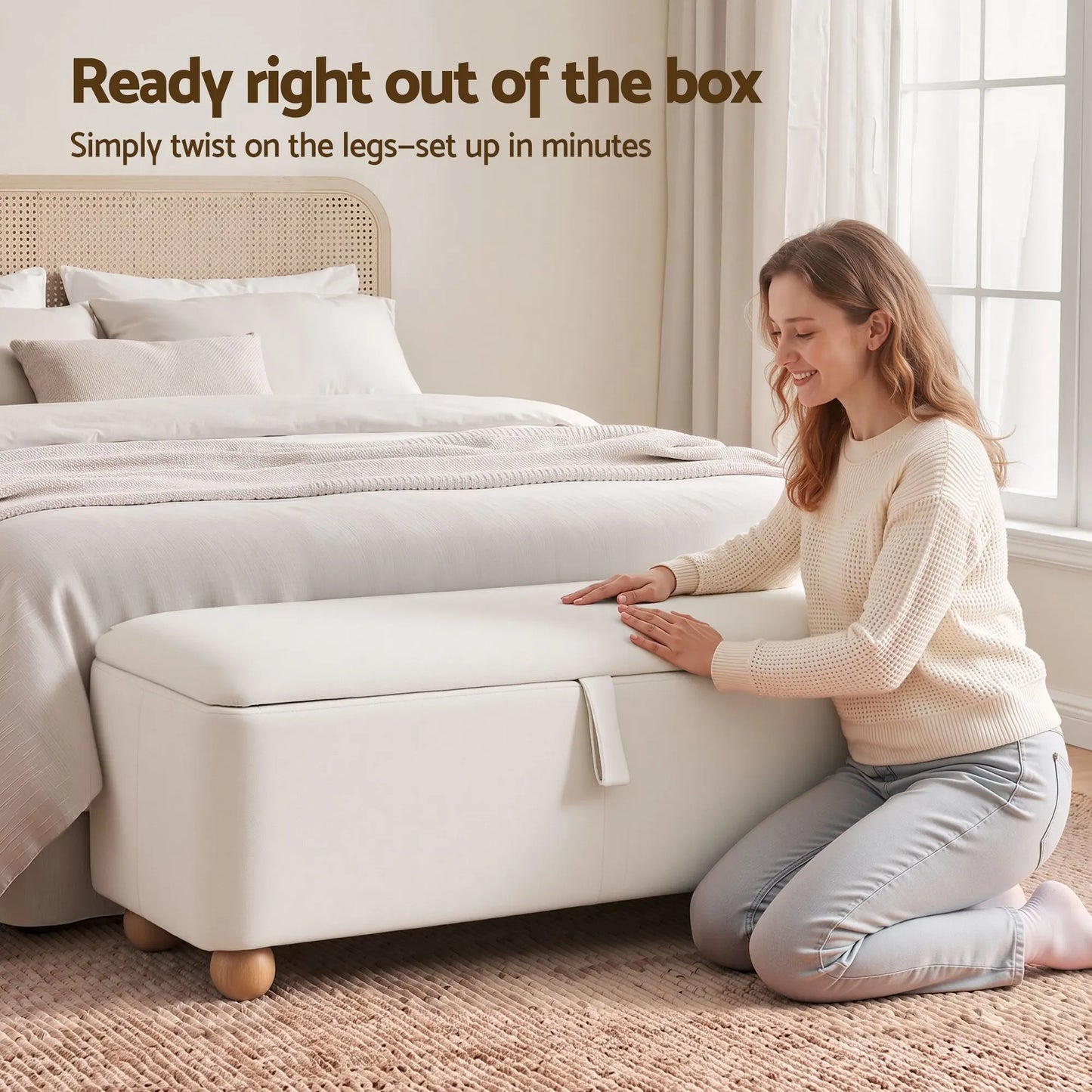 Artiss Storage Ottoman Hidden Bench Velvet Blanket Box Beige 97cm - Image 5