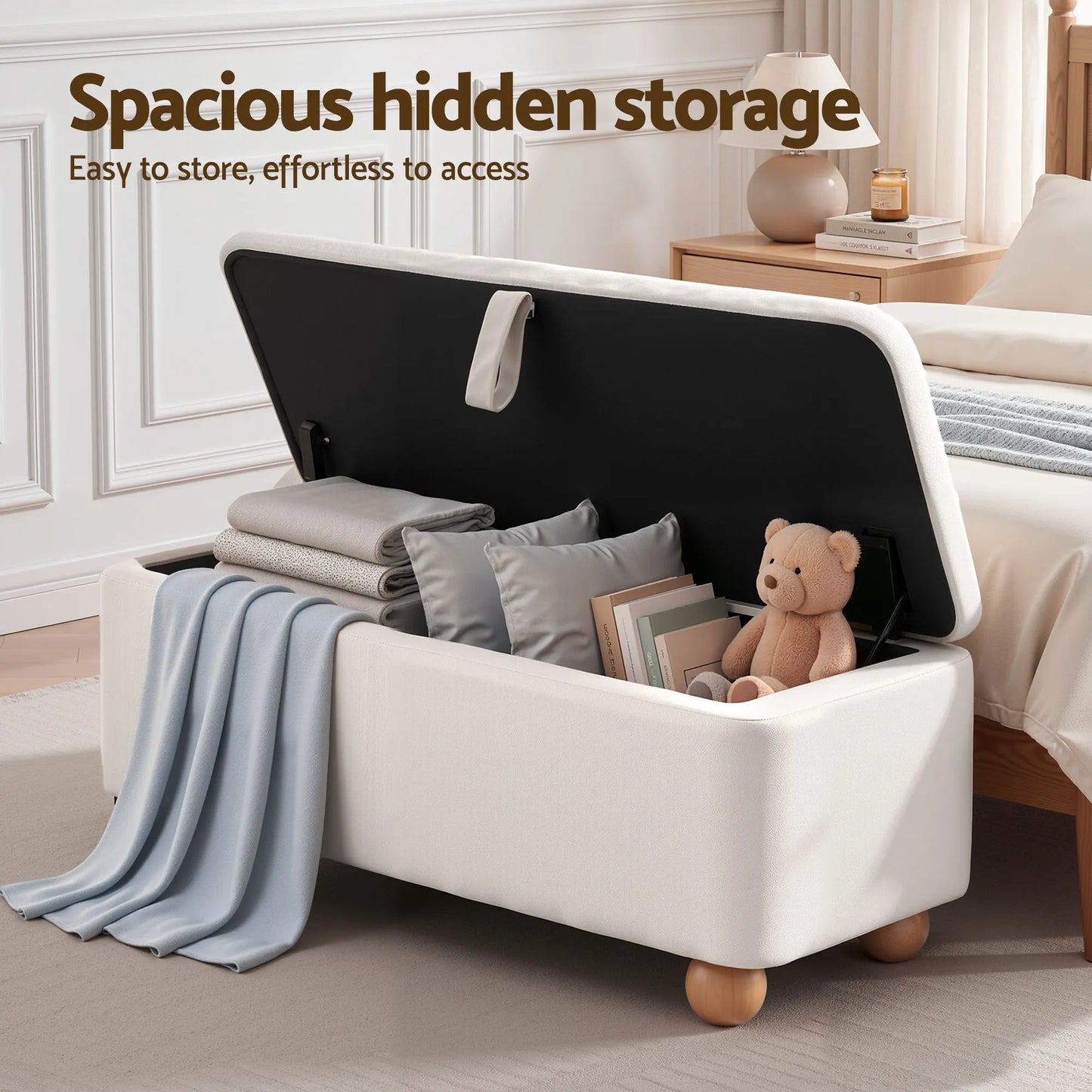 Artiss Storage Ottoman Hidden Bench Velvet Blanket Box Beige 97cm - Image 6