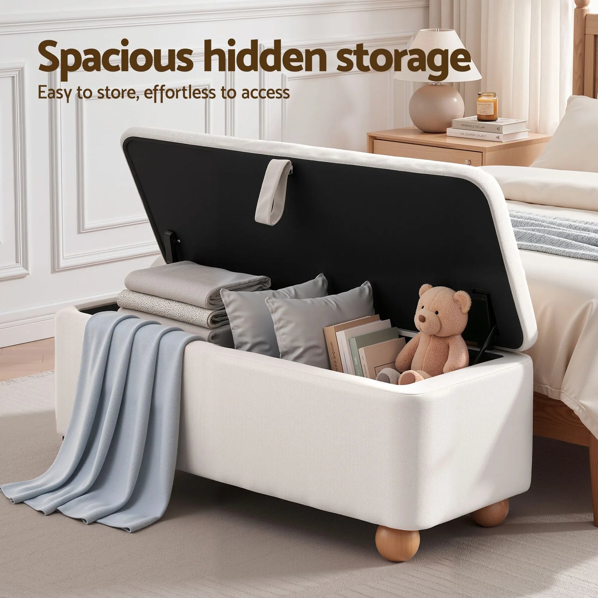 Artiss Storage Ottoman Hidden Bench Velvet Blanket Box Beige 97cm - Image 6