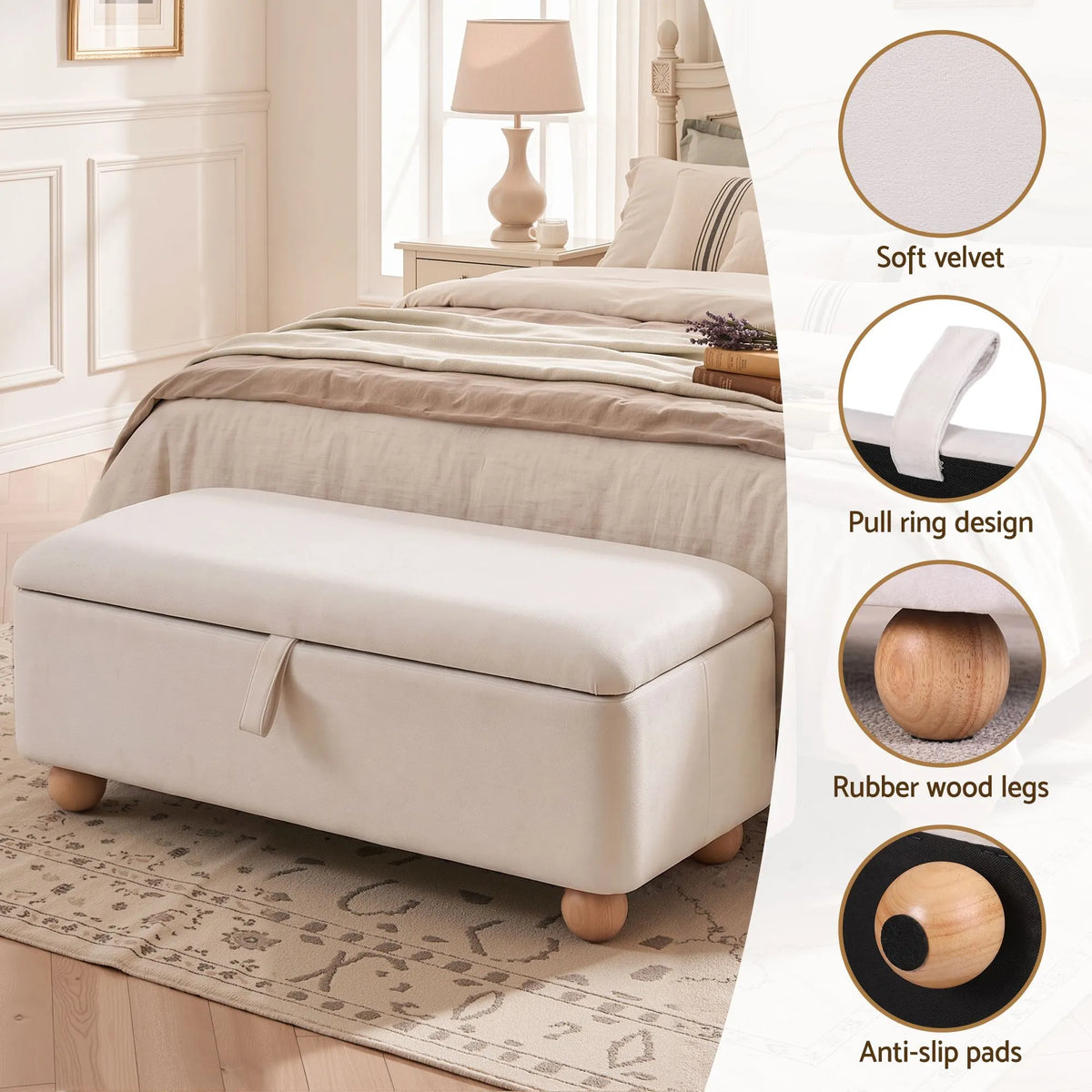 Artiss Storage Ottoman Hidden Bench Velvet Blanket Box Beige 97cm - Image 7