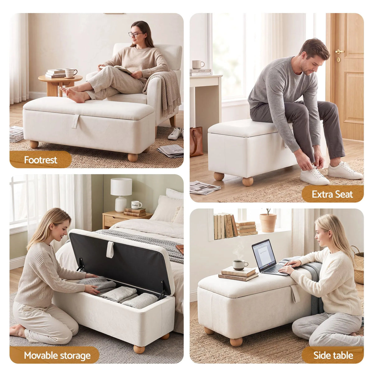 Artiss Storage Ottoman Hidden Bench Velvet Blanket Box Beige 97cm - Image 8
