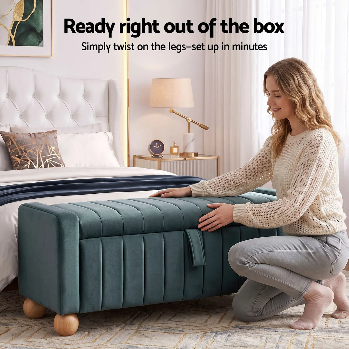 Artiss Storage Ottoman Bench Velvet Blanket Box Stool Footrest Ball Feet Green - Image 5