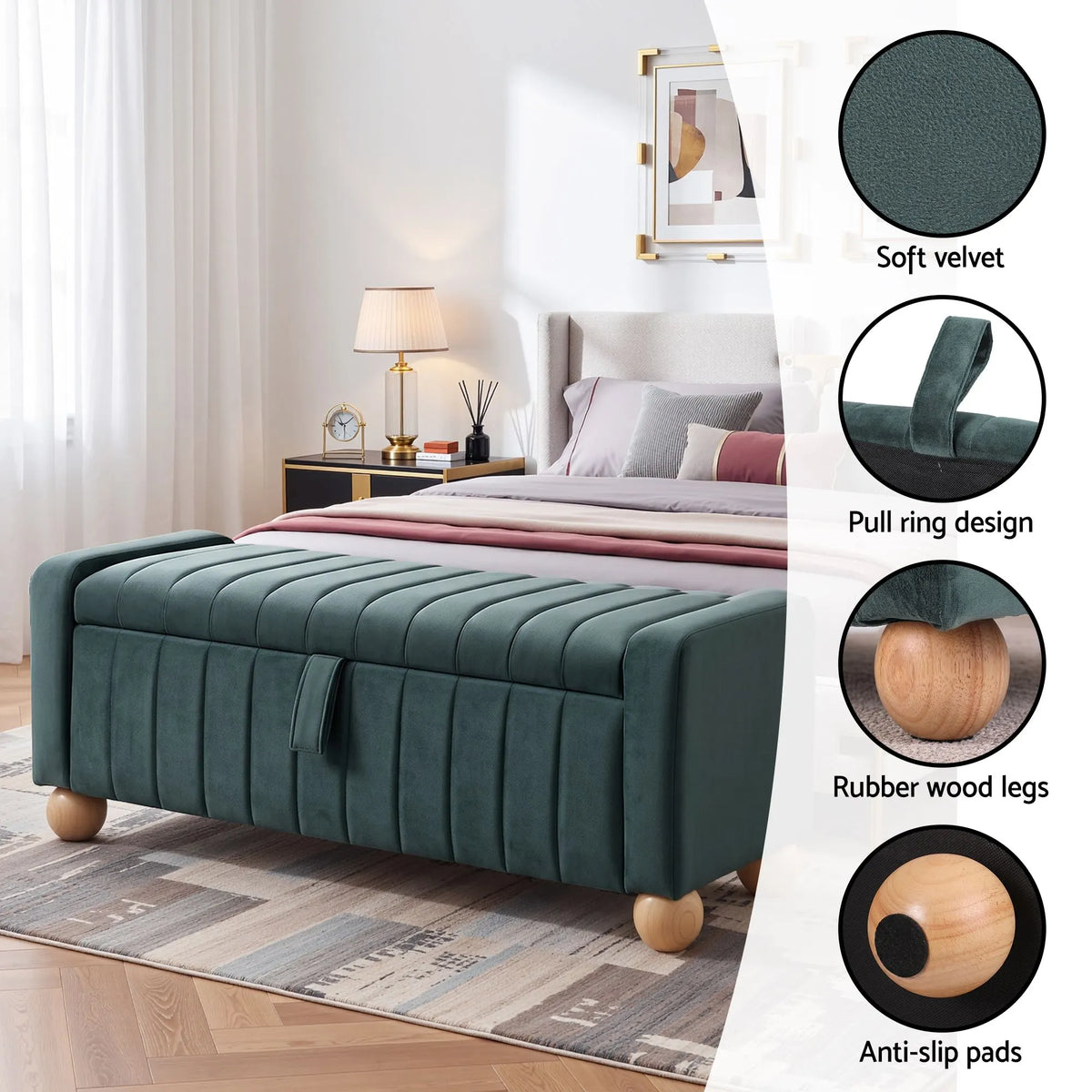 Artiss Storage Ottoman Bench Velvet Blanket Box Stool Footrest Ball Feet Green - Image 7
