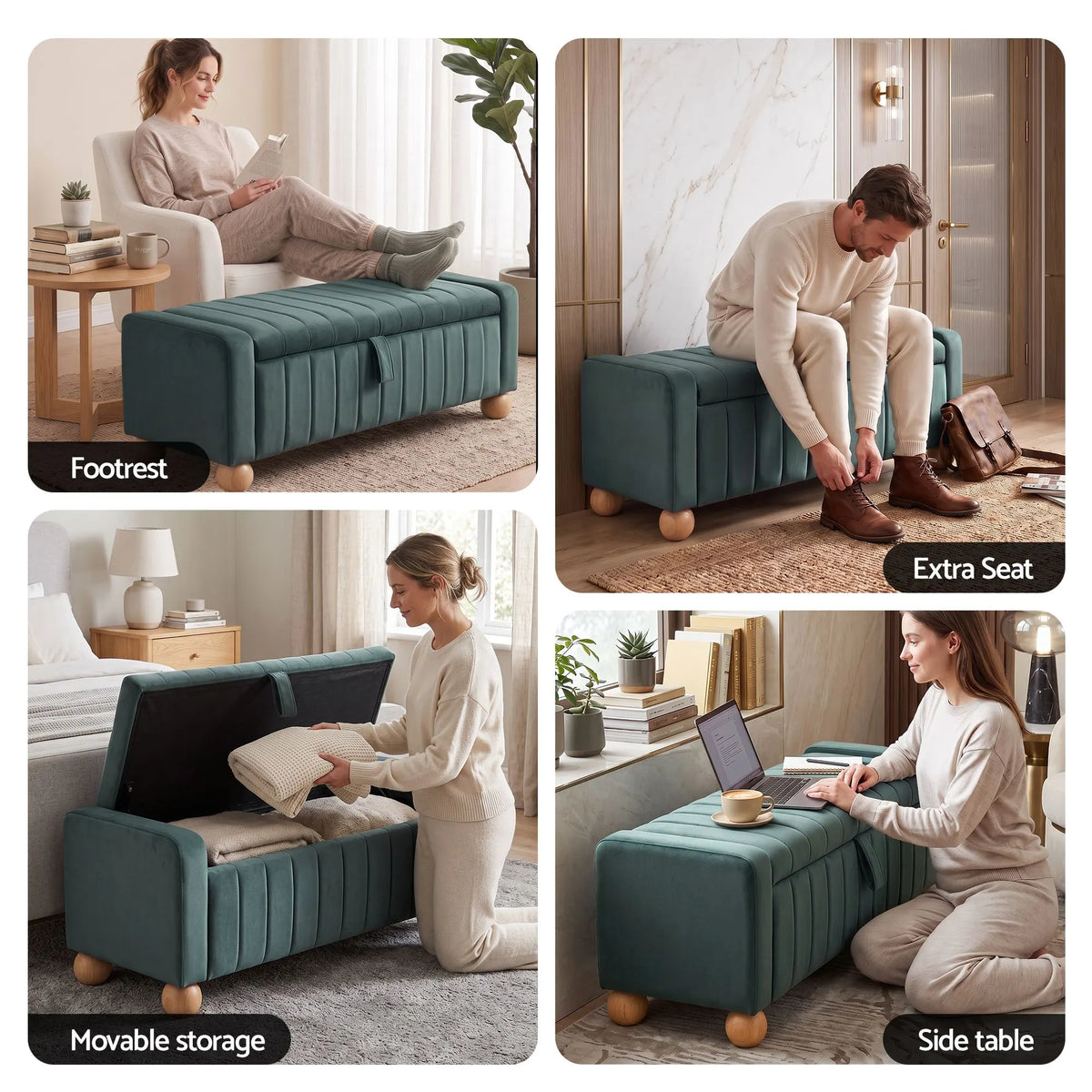 Artiss Storage Ottoman Bench Velvet Blanket Box Stool Footrest Ball Feet Green - Image 8