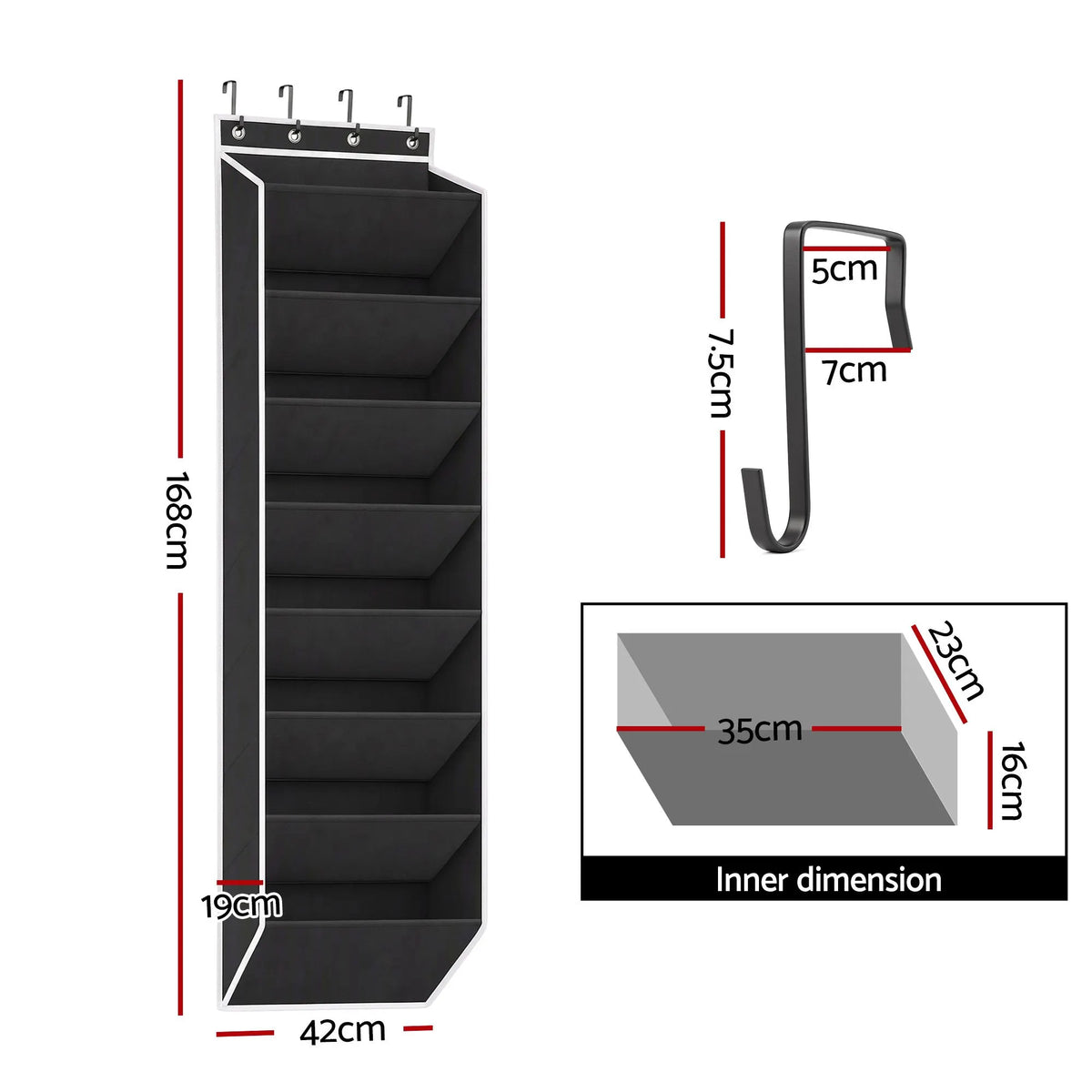Artiss Over Door Shoe Organiser Storage 8-Tier Pantry Hanger Rack Fabric Black - Image 2