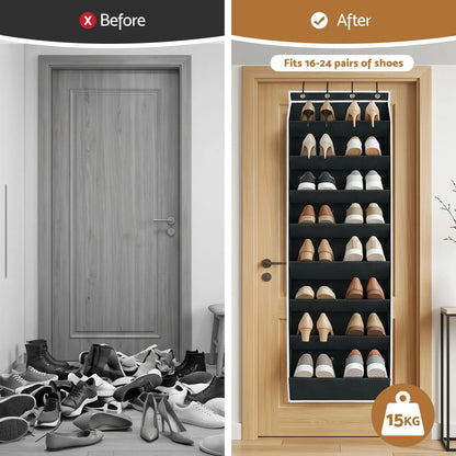 Artiss Over Door Shoe Organiser Storage 8-Tier Pantry Hanger Rack Fabric Black - Image 4