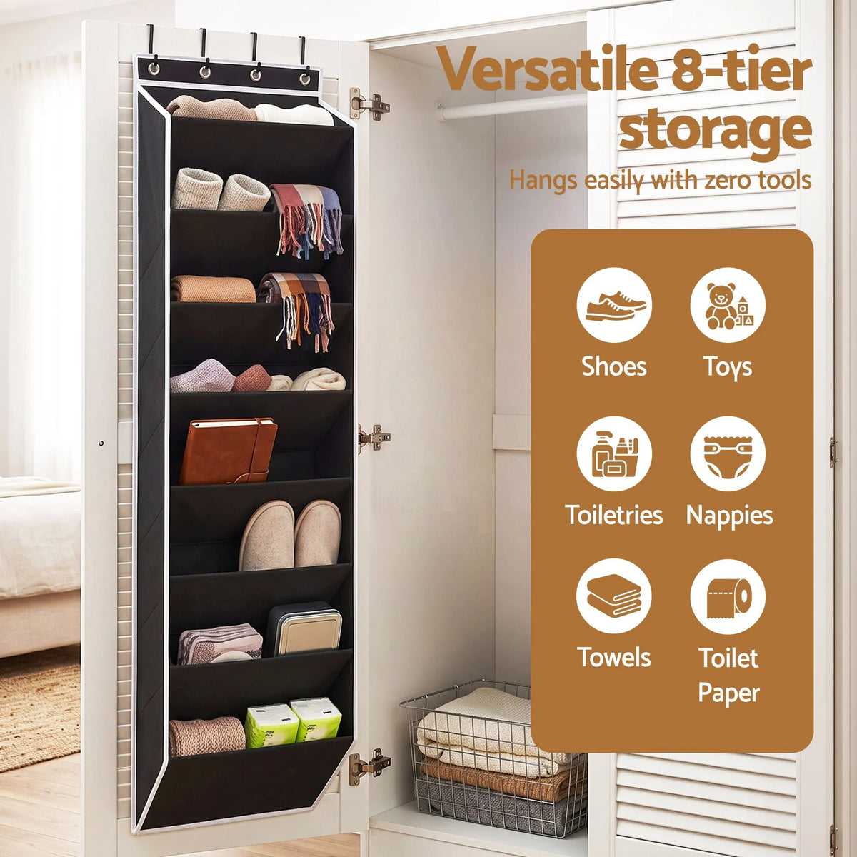 Artiss Over Door Shoe Organiser Storage 8-Tier Pantry Hanger Rack Fabric Black - Image 5