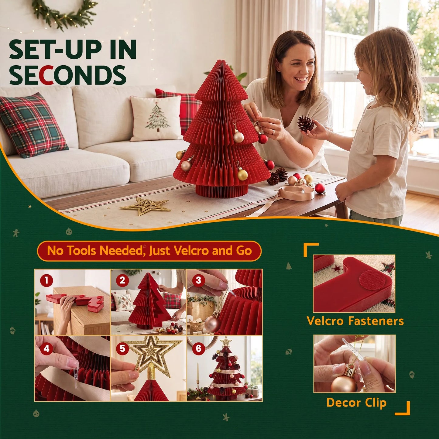 Jingle Jollys Paper Christmas Tree 47CM w/ Star Topper Xmas Decoration Tabletop Red DIY Ornament Set - Image 7