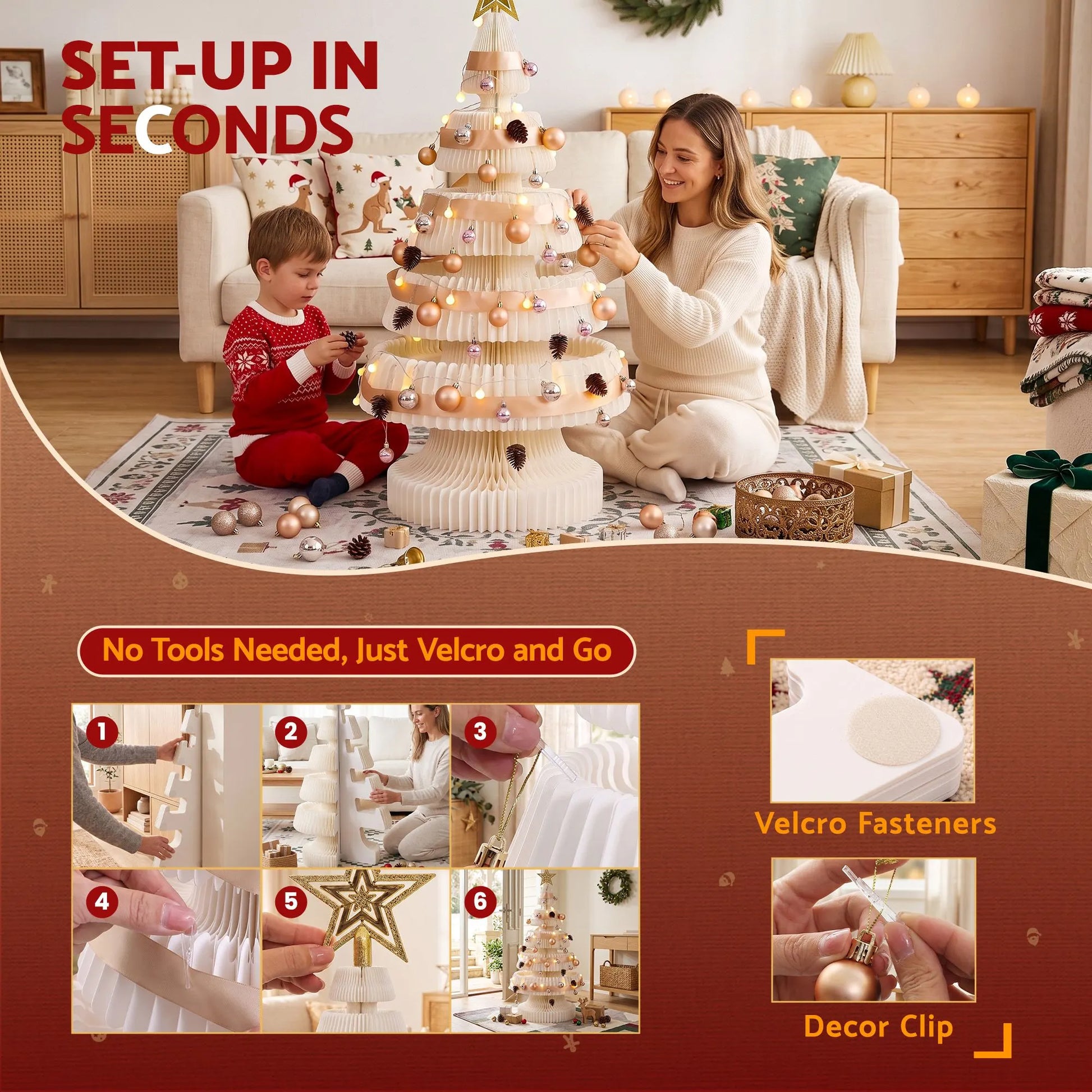 Jingle Jollys Paper Christmas Tree 114CM w/ Star Topper LEDs Xmas Decorations Kit Home Office White - Image 8