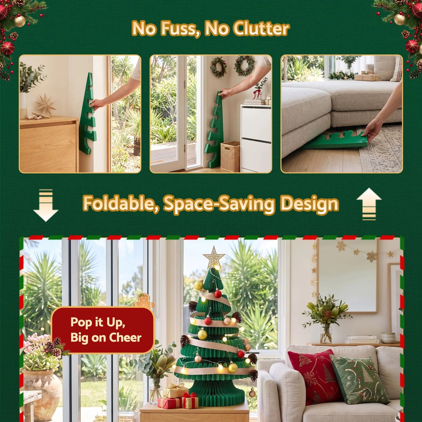Jingle Jollys Paper Christmas Tree 62CM w/ Star Topper LEDs Xmas Decorations Kit Home Office Green - Image 5