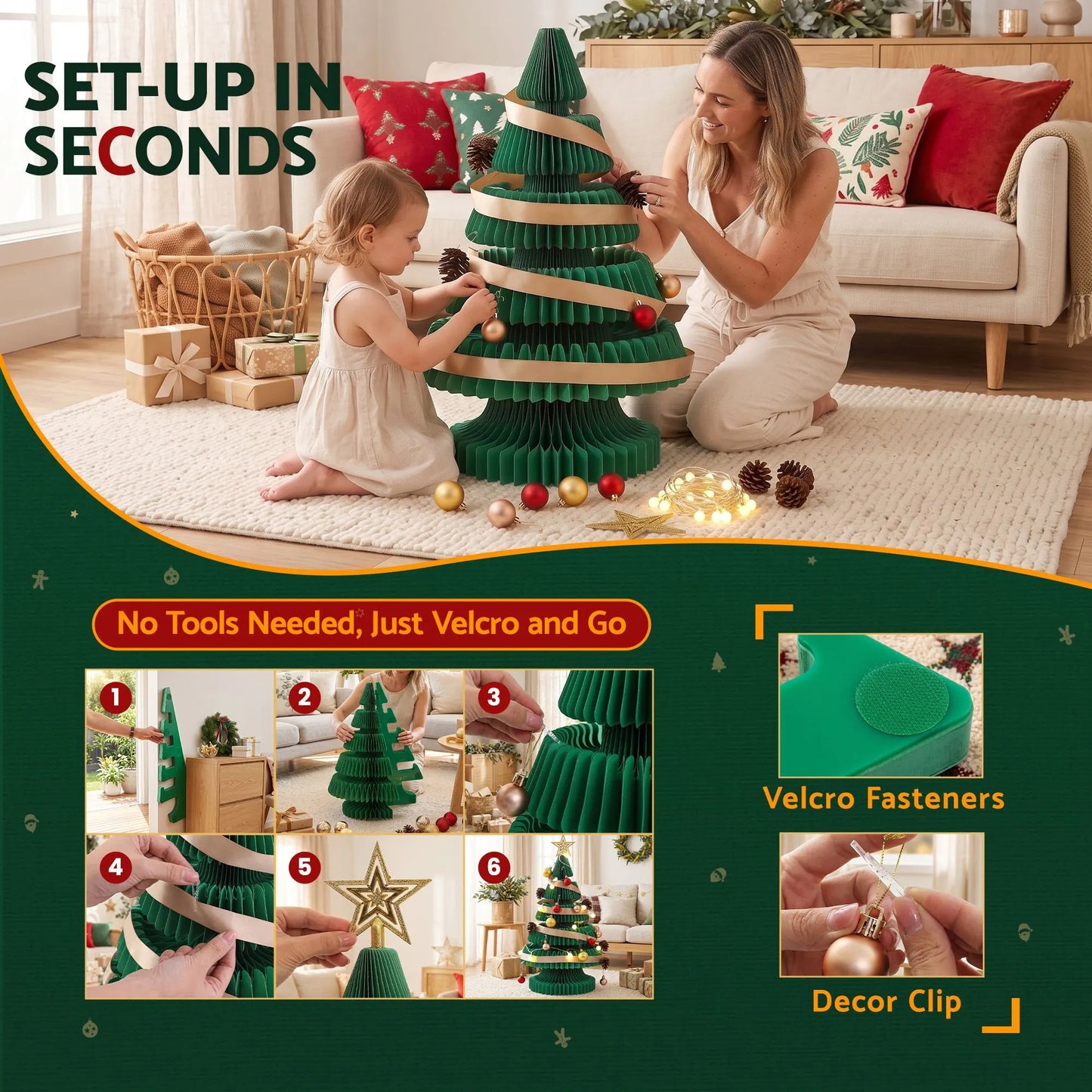 Jingle Jollys Paper Christmas Tree 62CM w/ Star Topper LEDs Xmas Decorations Kit Home Office Green - Image 7
