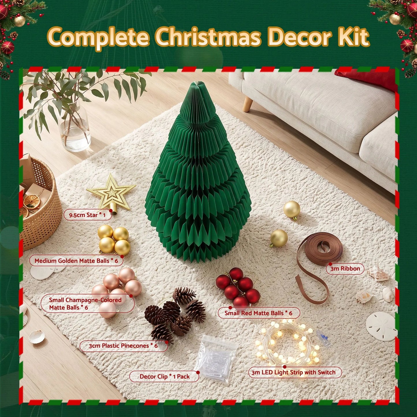 Jingle Jollys Paper Christmas Tree 62CM w/ Star Topper LEDs Xmas Decorations Kit Home Office Green - Image 9