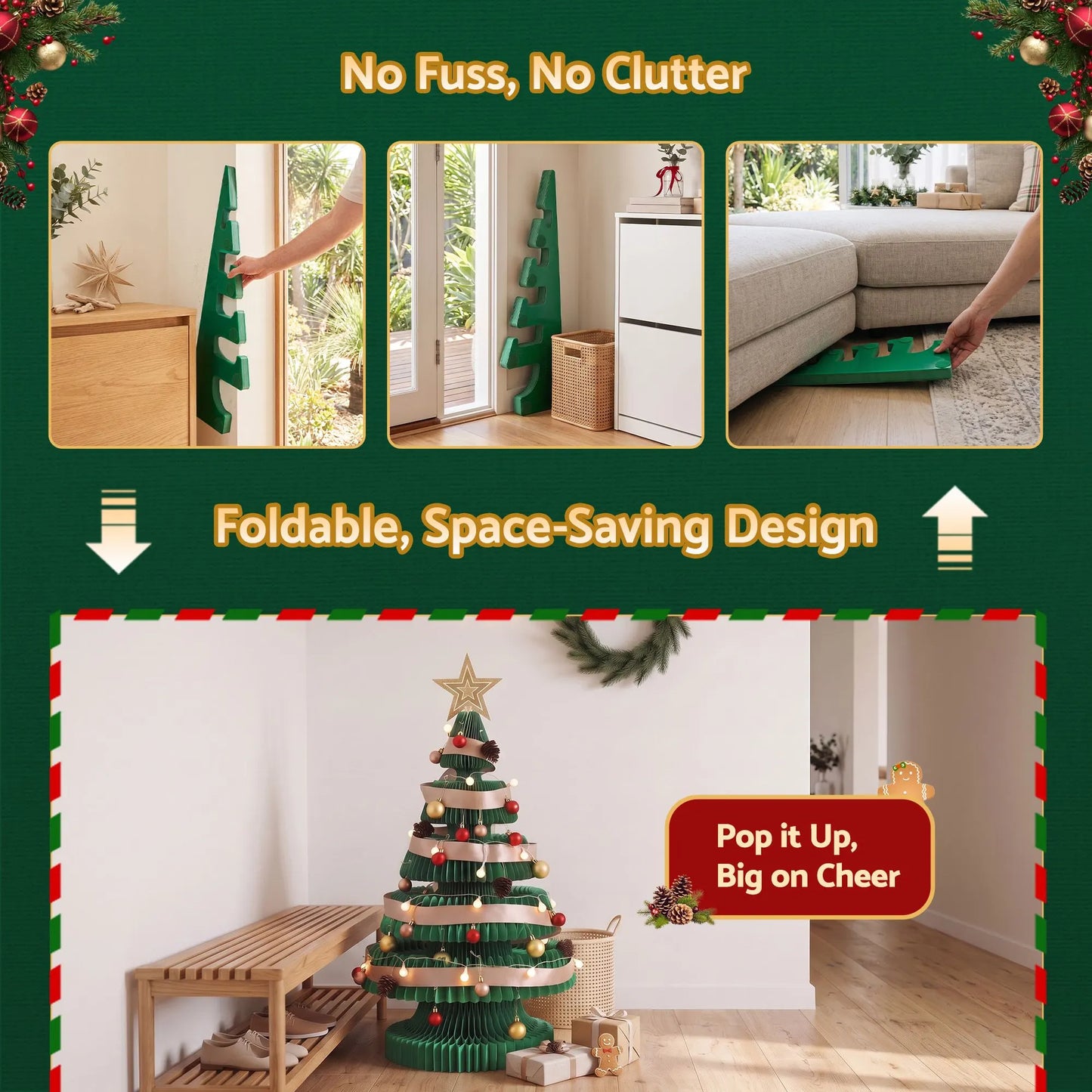 Jingle Jollys Paper Christmas Tree 87CM w/ Star Topper LEDs Xmas Decorations Kit Home Office Green - Image 6