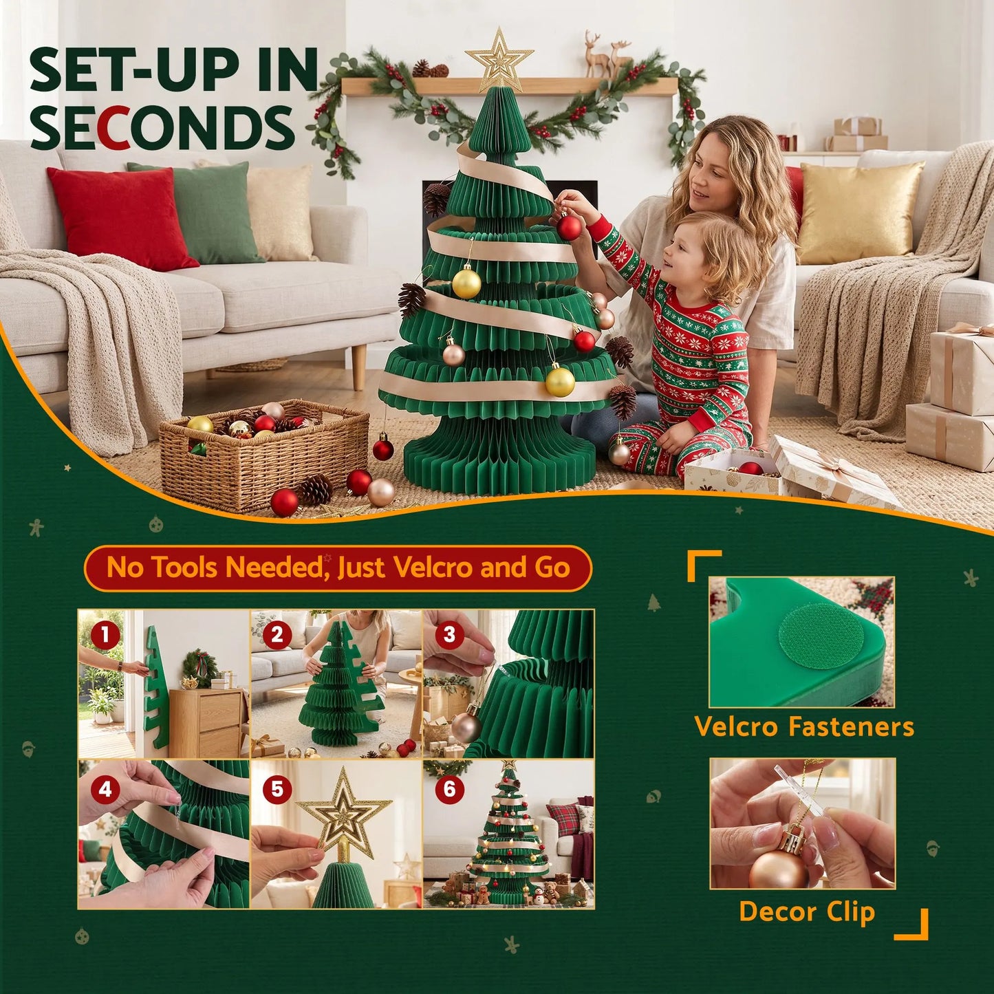 Jingle Jollys Paper Christmas Tree 87CM w/ Star Topper LEDs Xmas Decorations Kit Home Office Green - Image 8