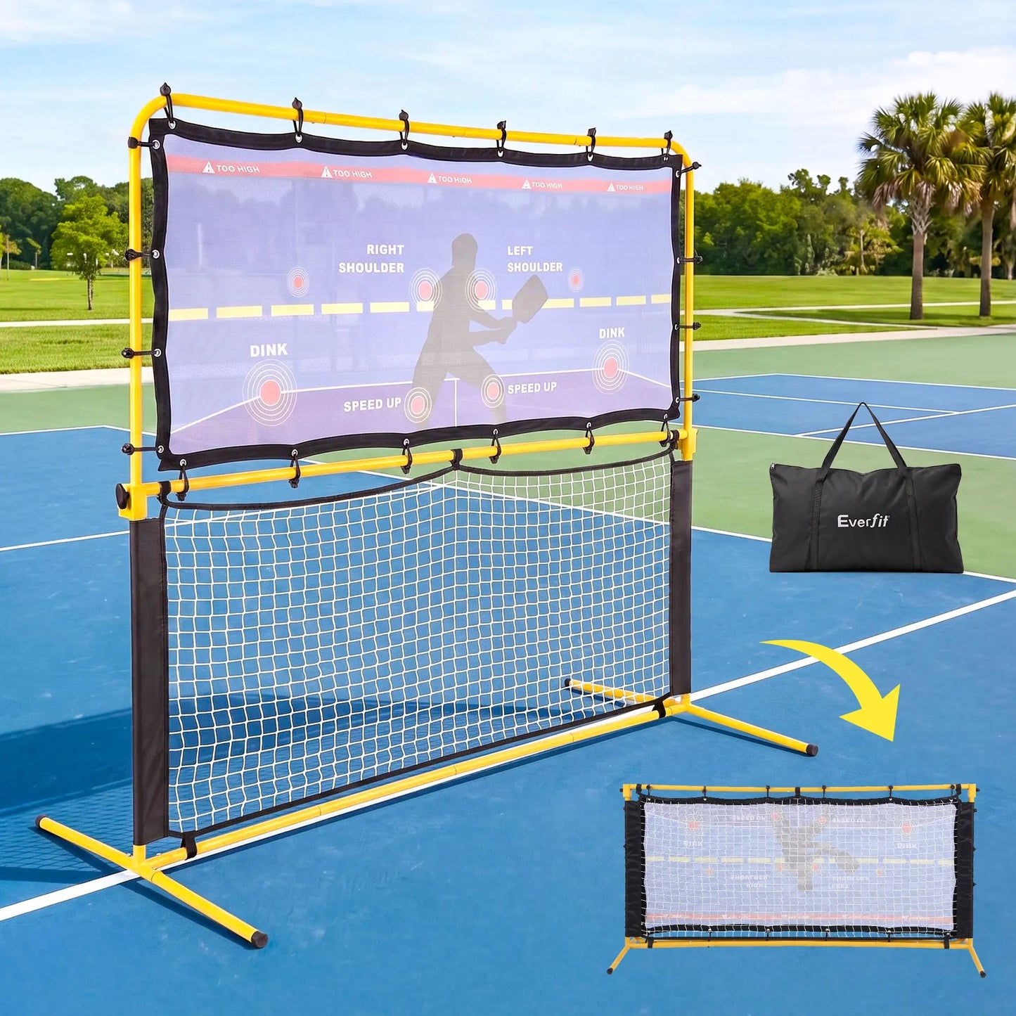 Everfit Pickleball Net Rebounder Portable Training Practice 6FT Black Yellow - Image 9