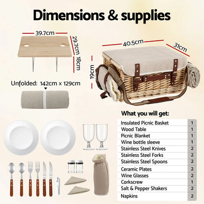 Alfresco 2 Person Insulated Picnic Basket Set with Foldable Wood Table Mat - Image 2