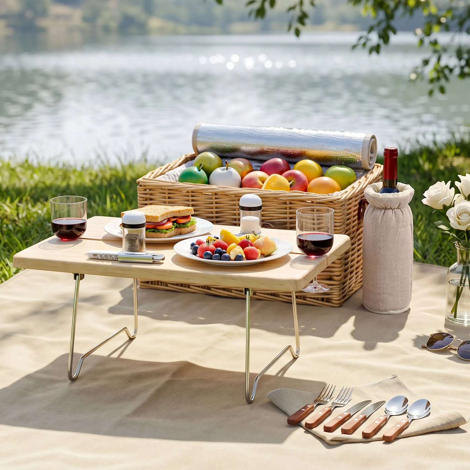 Alfresco 2 Person Insulated Picnic Basket Set with Foldable Wood Table Mat - Image 8