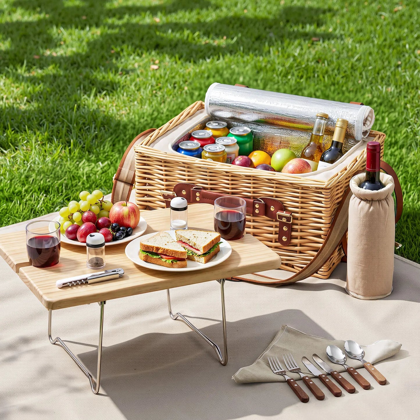 Alfresco 2 Person Insulated Picnic Basket Set with Foldable Wood Table Mat - Image 9