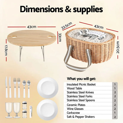 Alfresco 2 Person Insulated Picnic Basket Set with Foldable Wood Table - Image 2