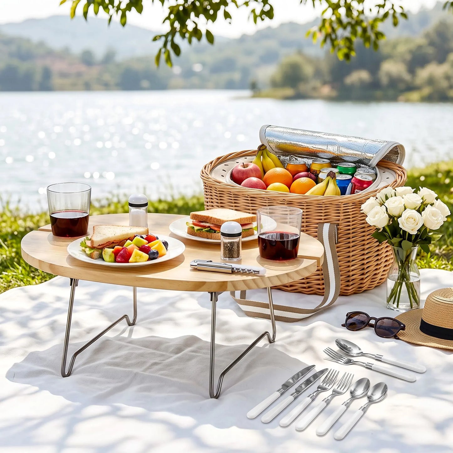 Alfresco 2 Person Insulated Picnic Basket Set with Foldable Wood Table - Image 7