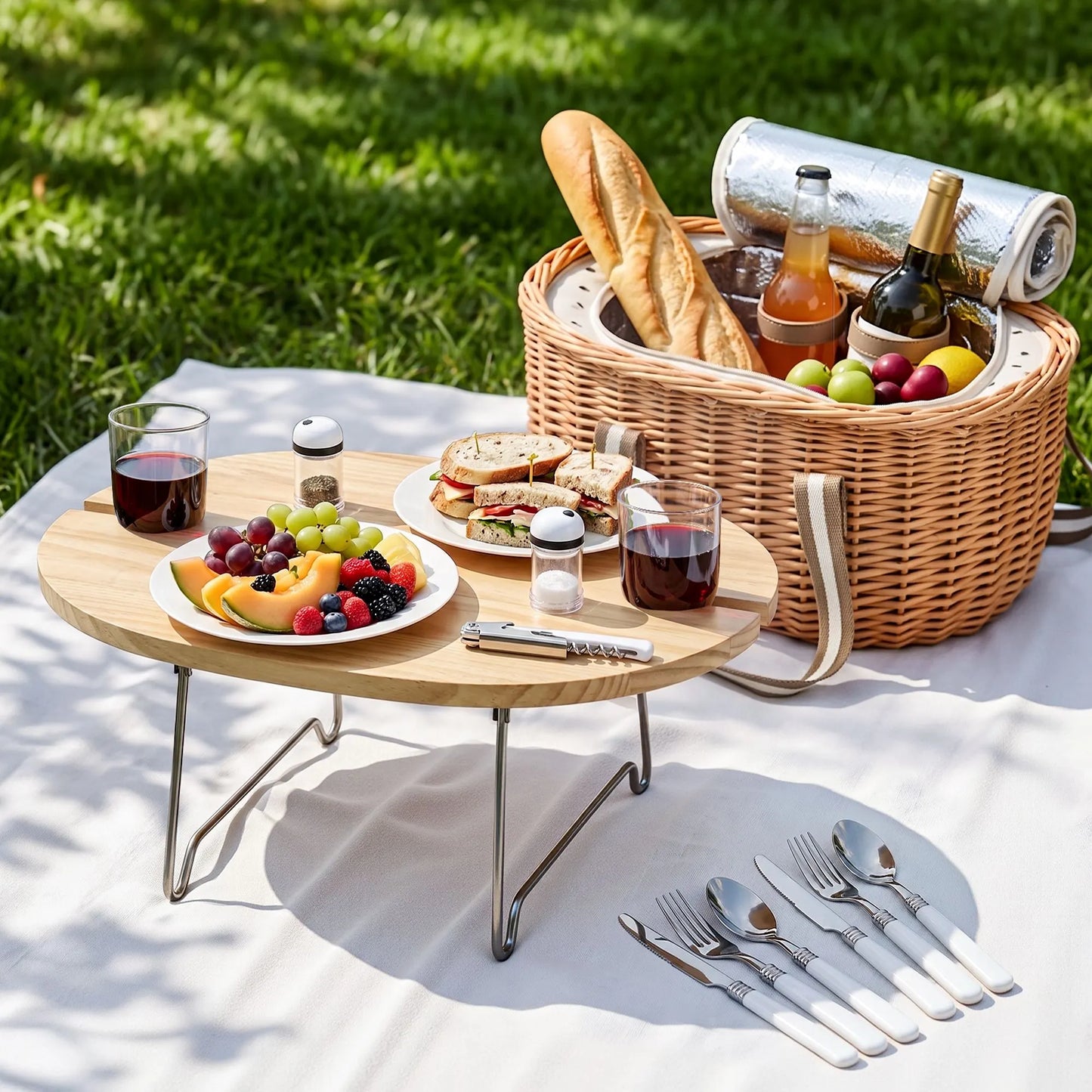 Alfresco 2 Person Insulated Picnic Basket Set with Foldable Wood Table - Image 8