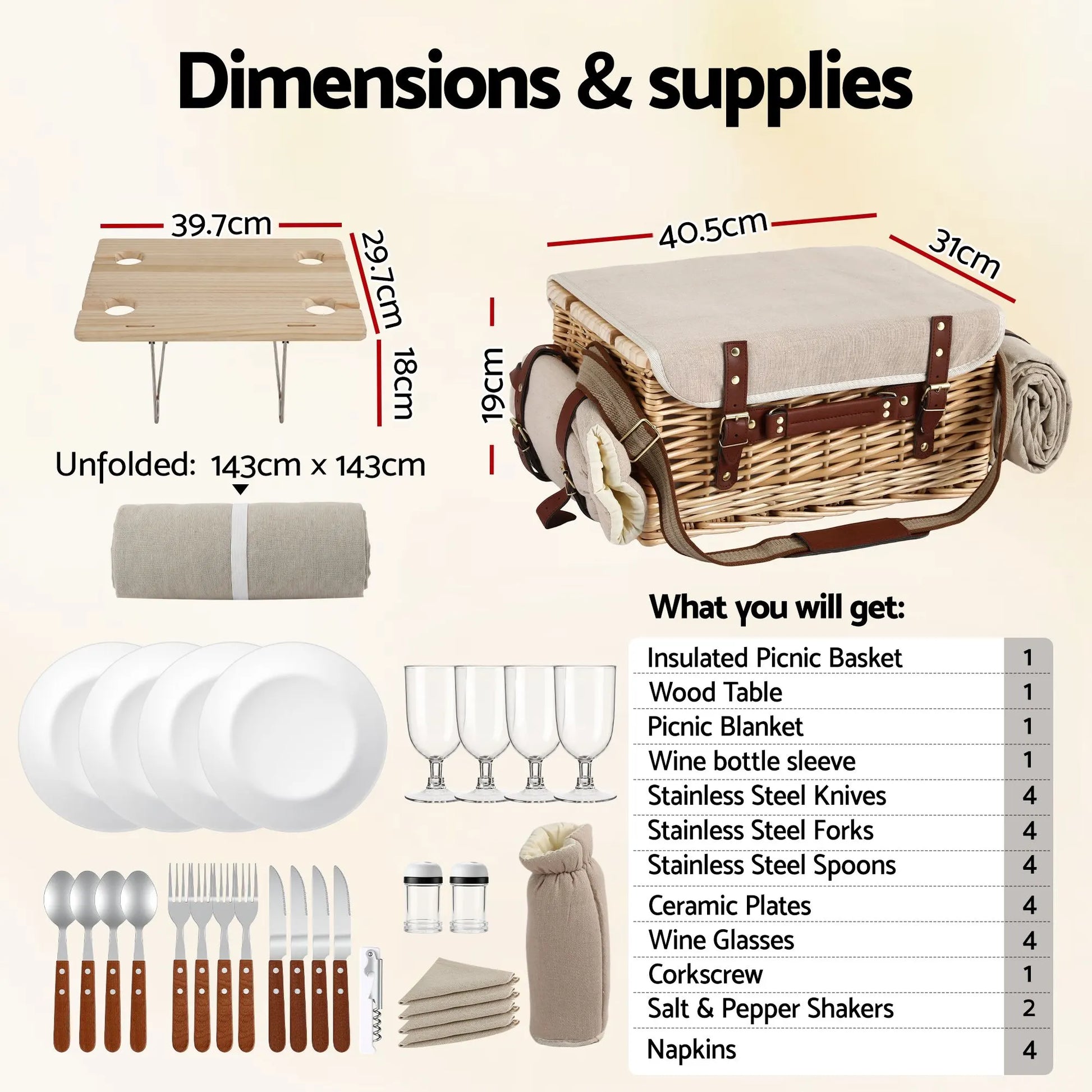 Alfresco 4 Person Insulated Picnic Basket Set with Foldable Wood Table Mat - Image 2