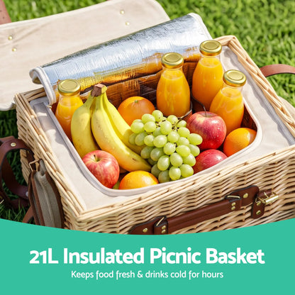 Alfresco 4 Person Insulated Picnic Basket Set with Foldable Wood Table Mat - Image 4