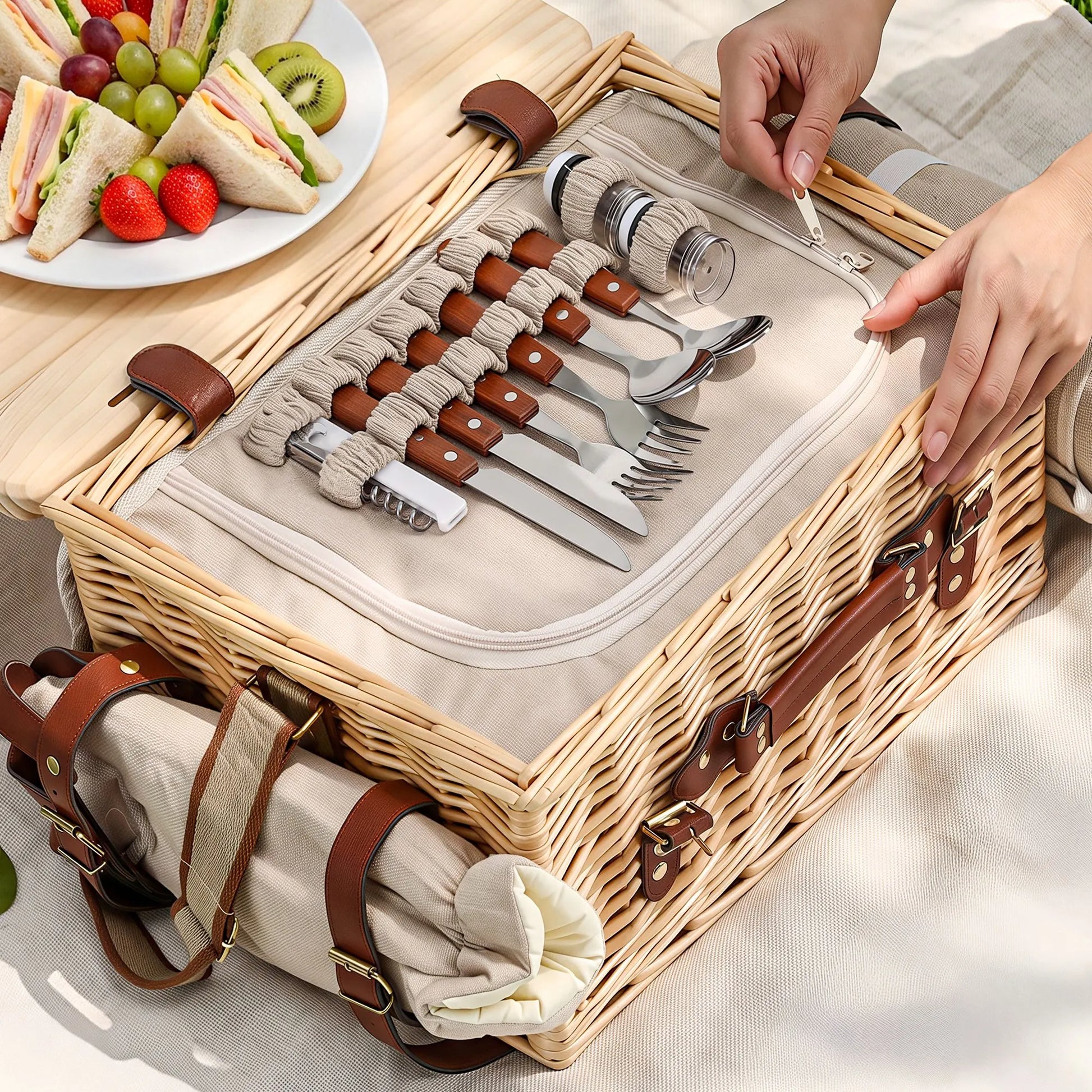 Alfresco 4 Person Insulated Picnic Basket Set with Foldable Wood Table Mat - Image 5