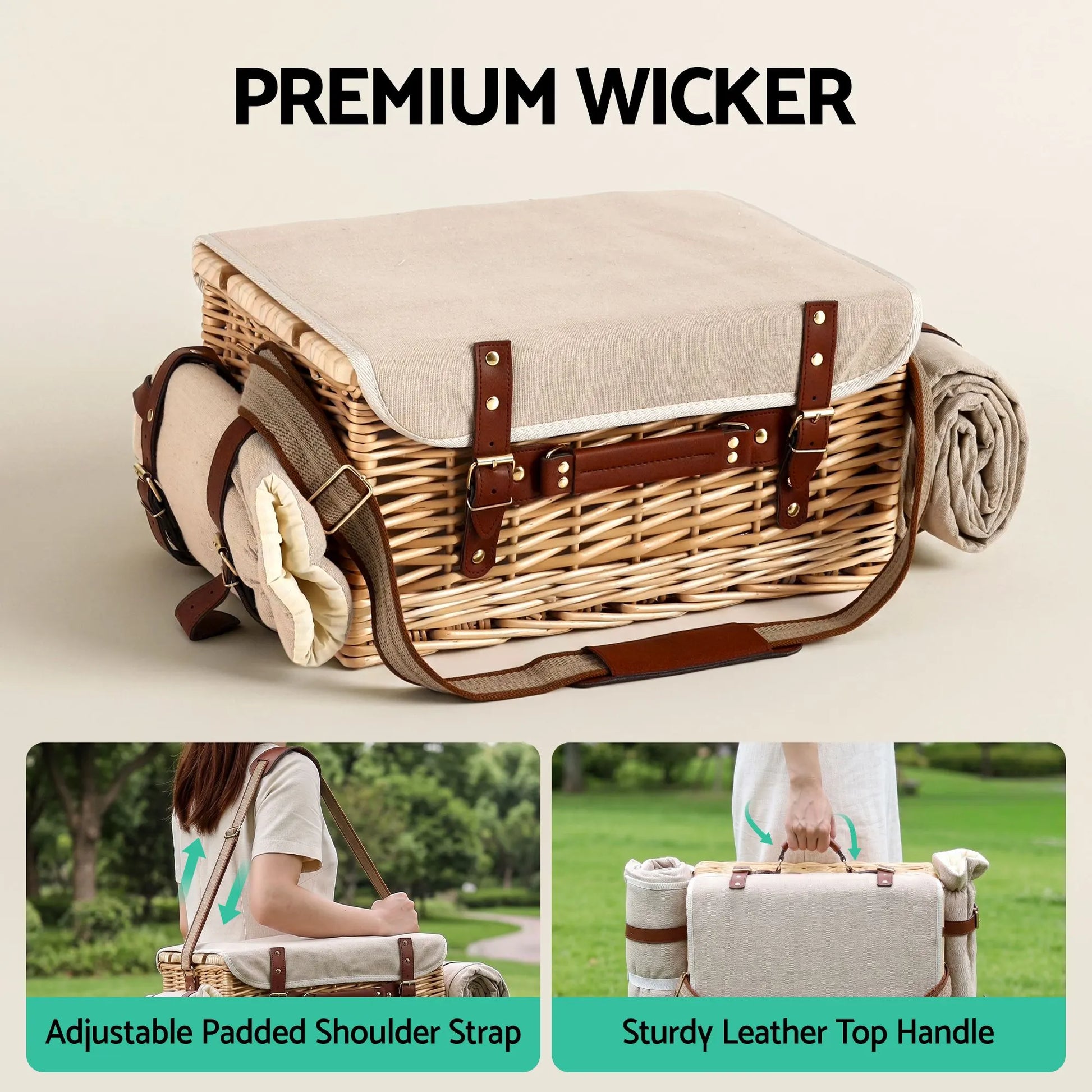 Alfresco 4 Person Insulated Picnic Basket Set with Foldable Wood Table Mat - Image 6