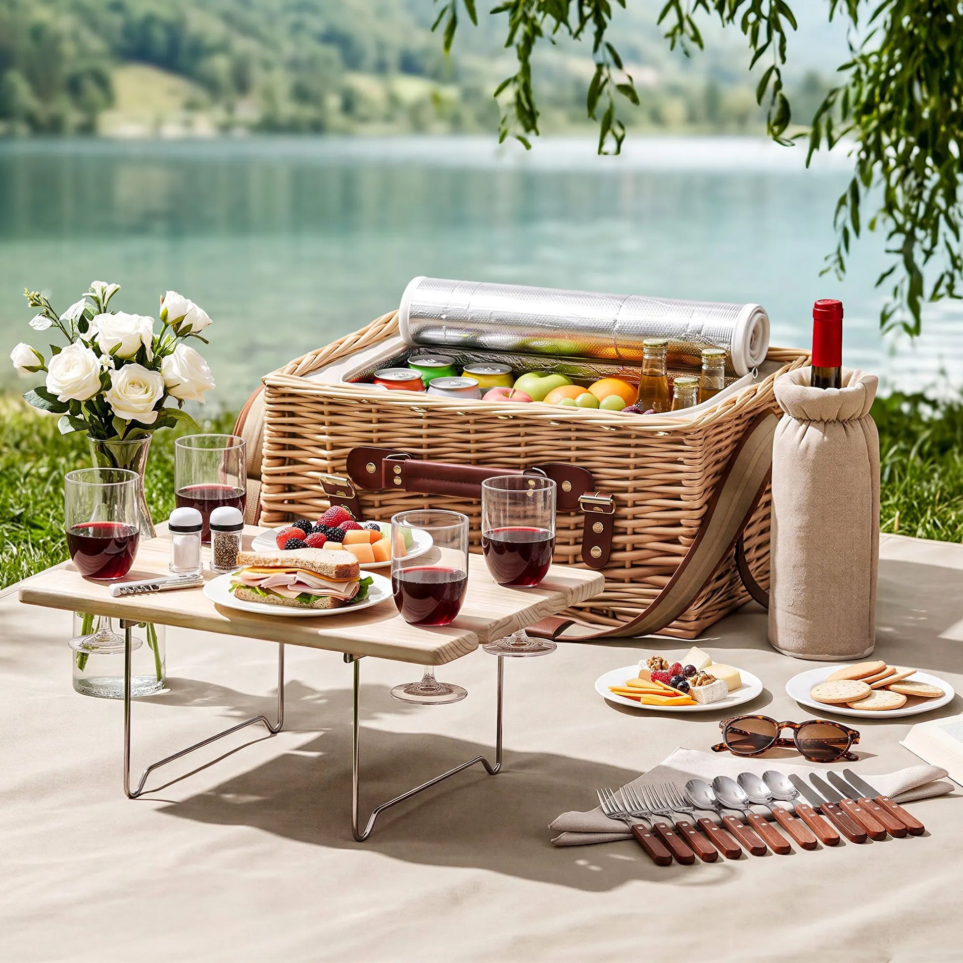 Alfresco 4 Person Insulated Picnic Basket Set with Foldable Wood Table Mat - Image 7