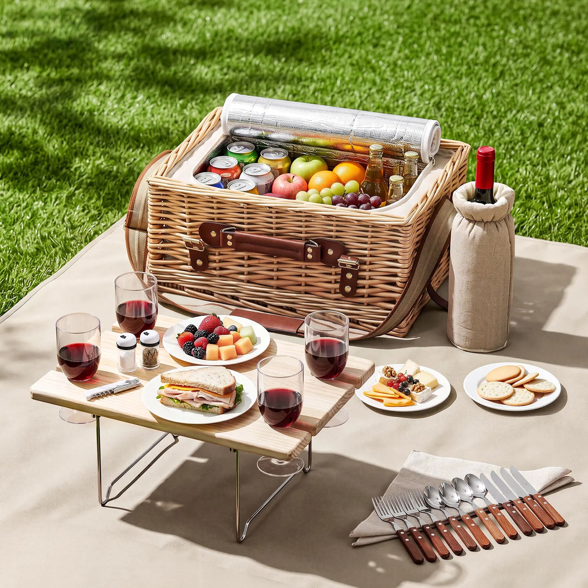Alfresco 4 Person Insulated Picnic Basket Set with Foldable Wood Table Mat - Image 8