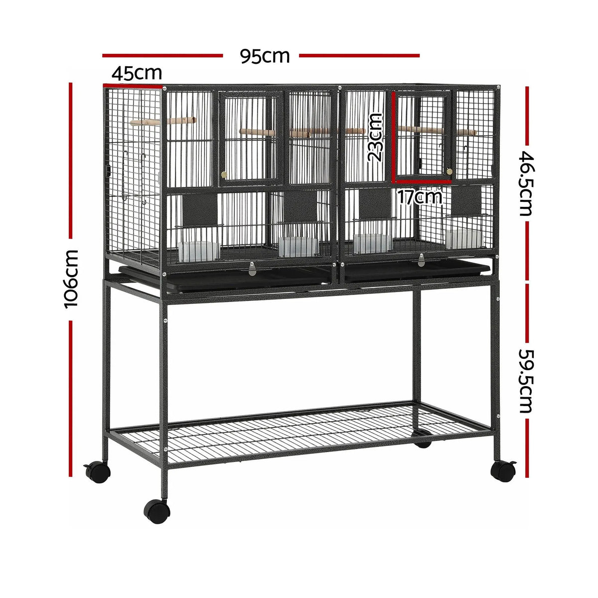 i.Pet 106cm 2-in-1 Bird Cage Aviary with Divider Parrot Budgie Wheels Black - Image 2