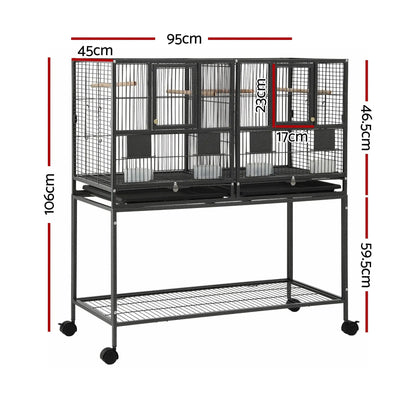 i.Pet 106cm 2-in-1 Bird Cage Aviary with Divider Parrot Budgie Wheels Black - Image 2