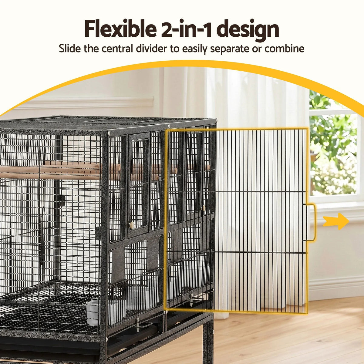 i.Pet 106cm 2-in-1 Bird Cage Aviary with Divider Parrot Budgie Wheels Black - Image 4