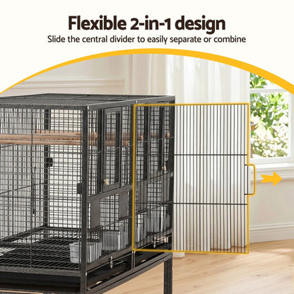 i.Pet 106cm 2-in-1 Bird Cage Aviary with Divider Parrot Budgie Wheels Black - Image 4