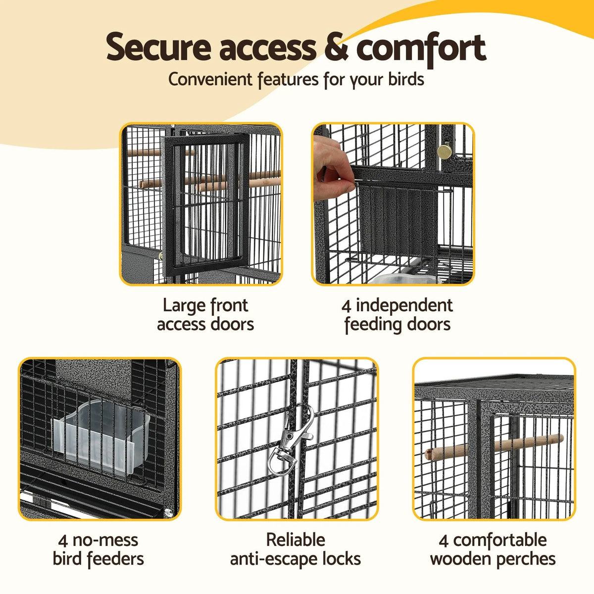 i.Pet 106cm 2-in-1 Bird Cage Aviary with Divider Parrot Budgie Wheels Black - Image 5
