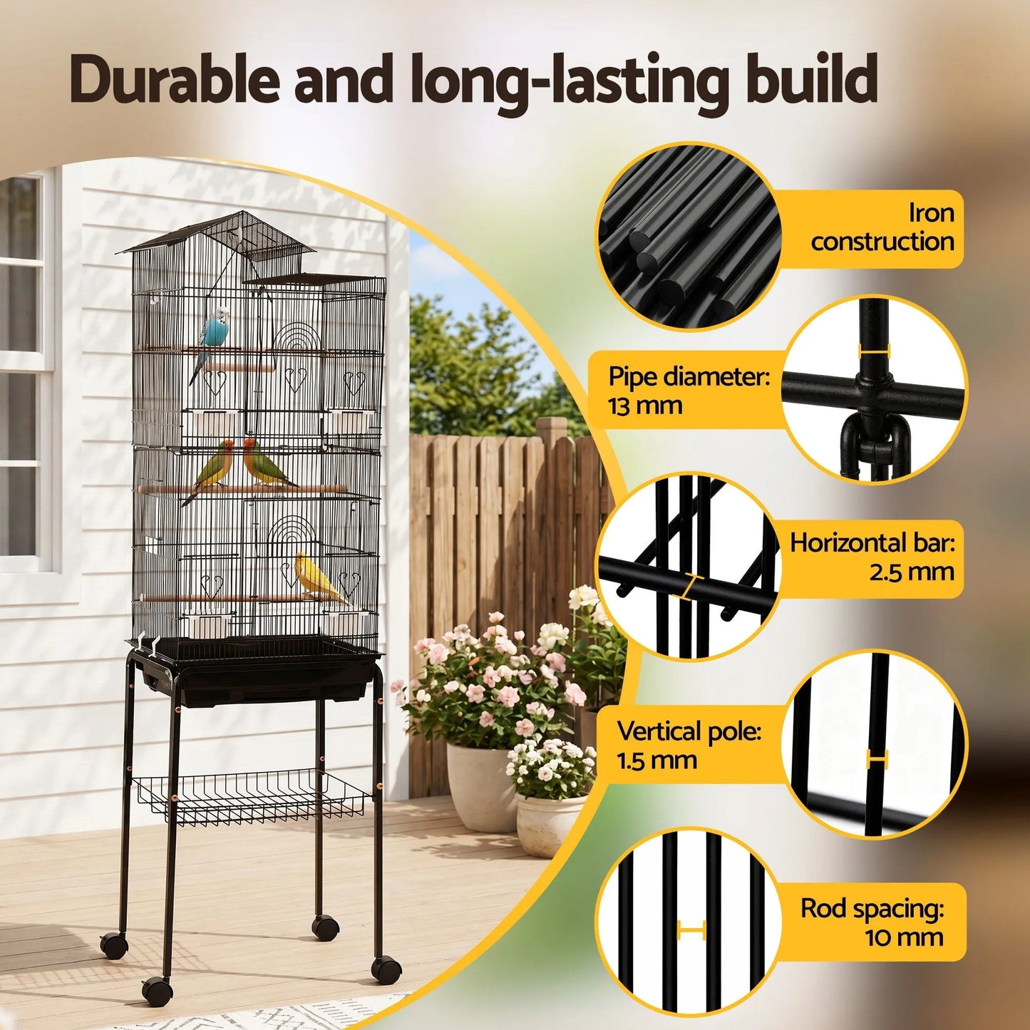 i.Pet 158cm Bird Cage Aviary Parrot Budgie Stand Wheels Black - Image 6