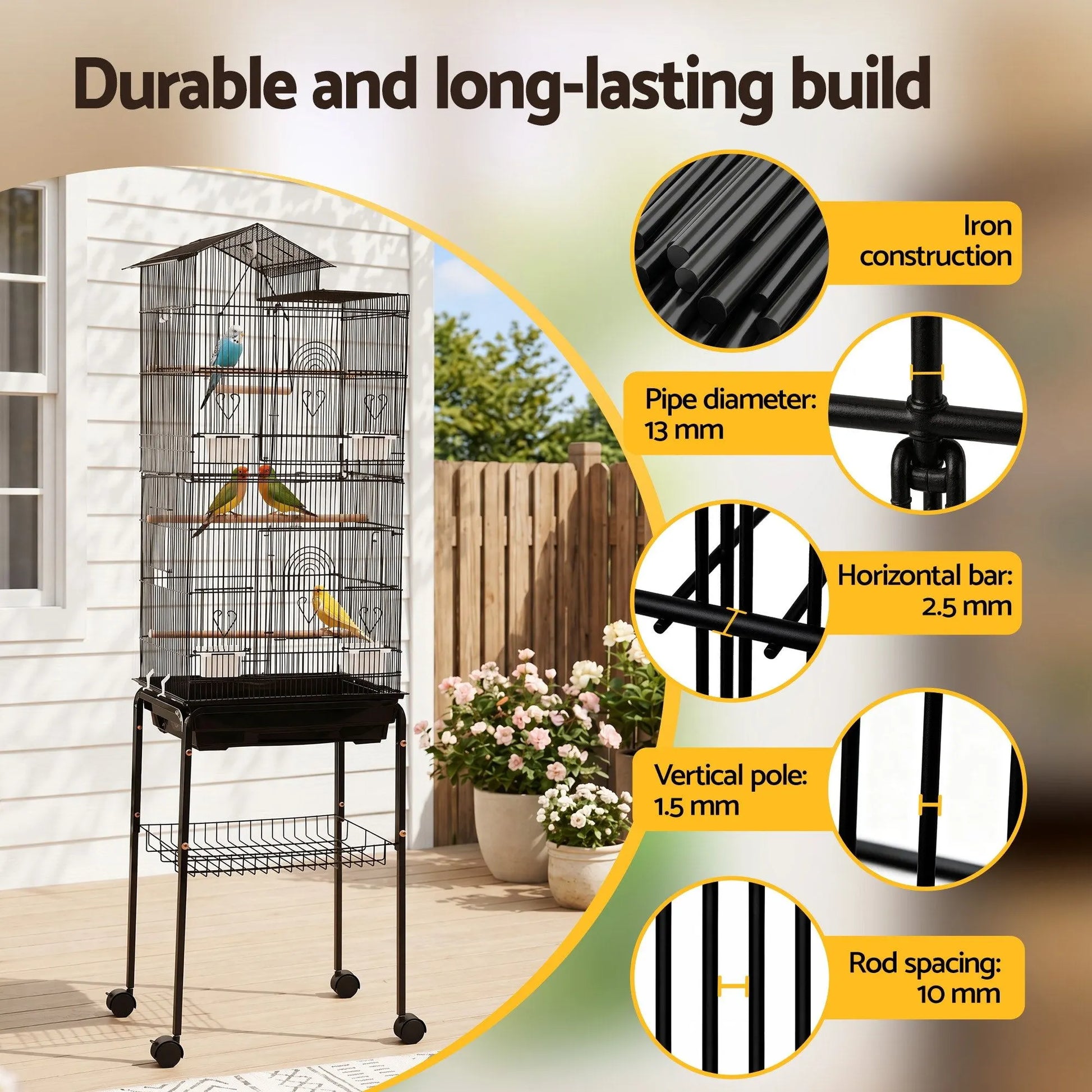 i.Pet 158cm Bird Cage Aviary Parrot Budgie Stand Wheels Black - Image 6