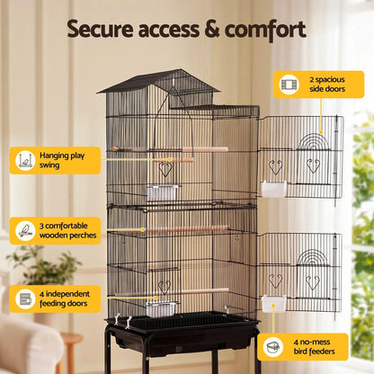 i.Pet 158cm Bird Cage Aviary Parrot Budgie Stand Wheels Black - Image 7